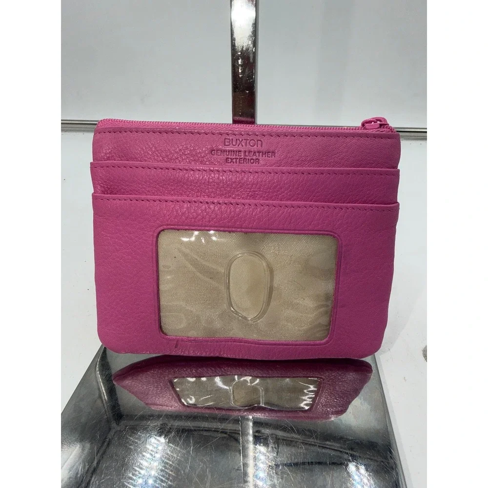 Buxton Pink Genuine Leather Card Case ID Window Coin Purse Key Ring Zip Pouch